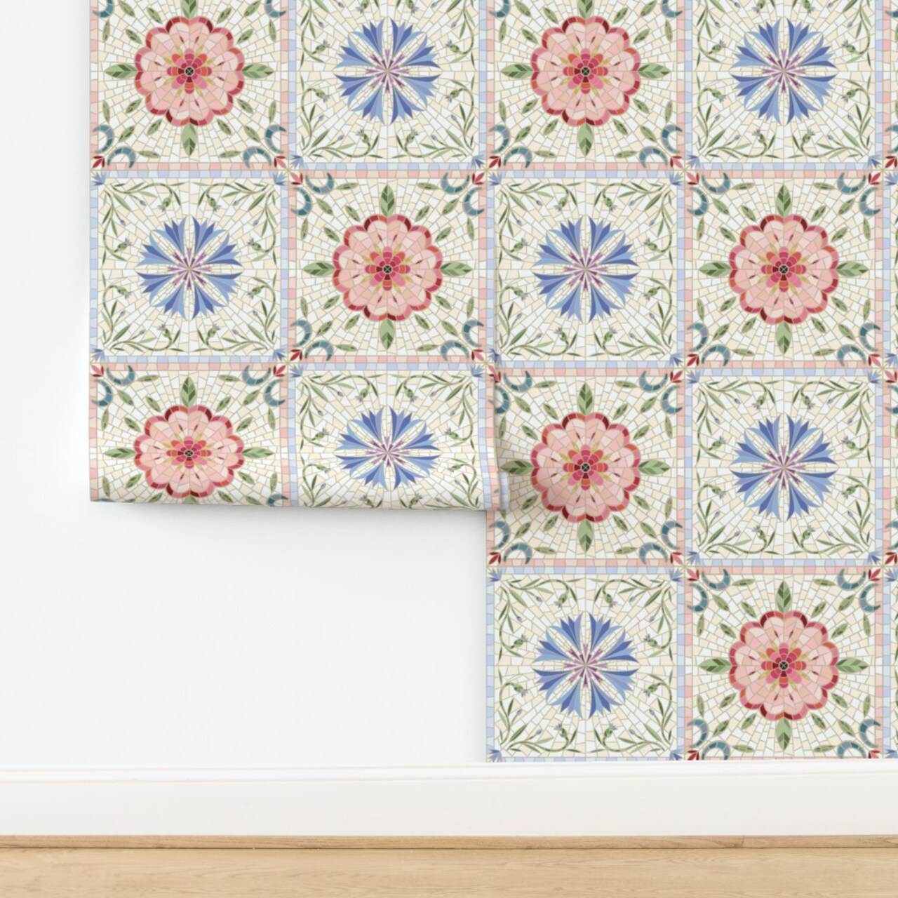 Cottagecore Faux Tile Floral Botanical Mosaic Flowers Squares Mediterranean Garden Delicate Spring Summer Geometric Leaves Farmhouse Cottage Custom Removable Wallpaper by Spoonflower Peel & Stick Wallpaper 2FT Wide